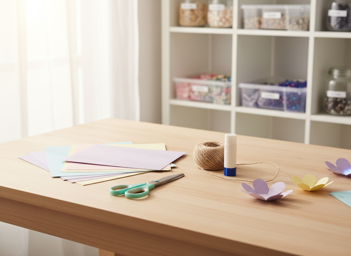 A bright, neatly organized craft workspace featuring a sturdy, light-wood table covered with simple DIY supplies: pastel cardstock, a small pair of mint-green scissors, a roll of jute twine, a glue stick, and a few finished paper flowers with clean, crisp folds. The scene is set near a large window where soft morning sunlight pours in, creating gentle highlights on the scissors’ metal blades and subtle shadows beneath the supplies. In the softly blurred background, open shelving holds labeled clear bins and jars of buttons and beads. Photographic realism, shot from a slightly elevated angle with a shallow depth of field, conveying a calm, approachable atmosphere that makes crafting feel easy and inviting.