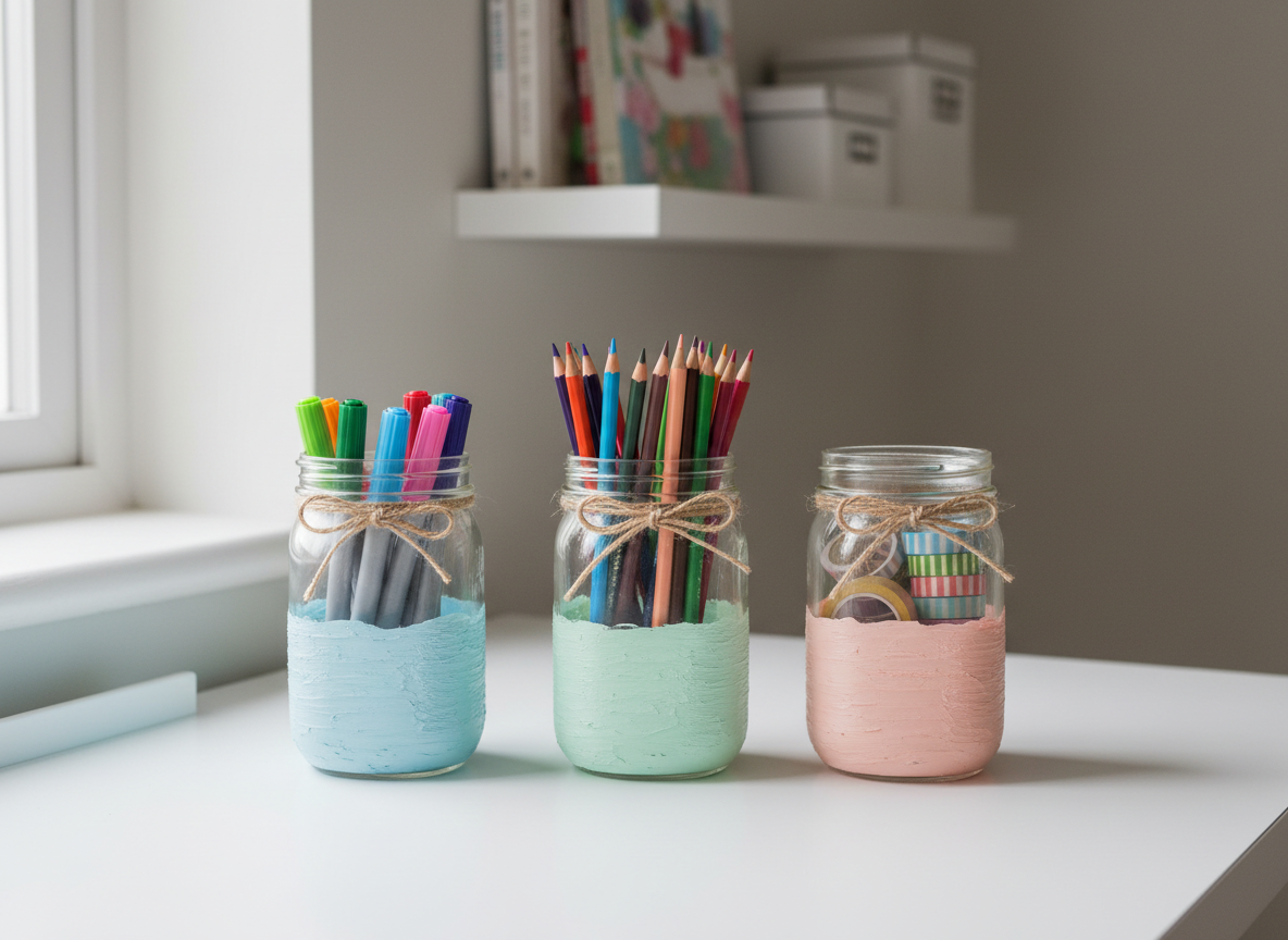 A minimalist DIY mason jar organizer project on a clean, white desk surface. Three clear mason jars are wrapped with pastel acrylic paint at their bases, brush strokes softly visible, and tied with thin natural twine bows. The jars are filled with colorful craft supplies: neatly arranged markers, sharpened colored pencils, and small rolls of washi tape. Soft overcast daylight from a nearby window gives an even, gentle illumination with almost no harsh shadows. In the background, slightly out of focus, sits a small white shelf with a few neatly stacked craft books and storage boxes. Photographic realism, shot at eye level using the rule of thirds, creating a fresh, modern, and pleasantly organized mood that illustrates an easy DIY storage solution.
