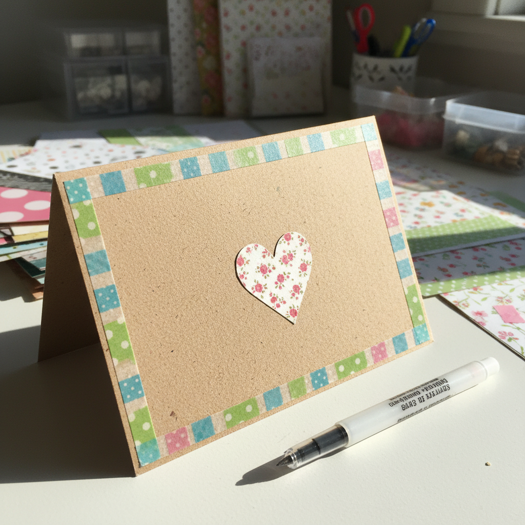A close-up of a simple DIY greeting card in progress, crafted from thick, recycled kraft paper folded neatly on a white tabletop. Colorful washi tape strips frame the card edges, while a small, hand-cut paper heart made from floral-patterned scrapbook paper rests in the center beside a glue pen. Soft, diffused afternoon light from an unseen side window casts delicate shadows and brings out the textures of the paper fibers and tape. In the softly blurred background, organized stacks of patterned papers and tidy storage boxes suggest a clutter-free craft area. Photographic realism, eye-level composition with a shallow depth of field, creating a warm, fun, and easygoing mood that emphasizes how simple and achievable DIY paper crafts can be.